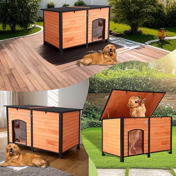 Outdoor Dog House, Indoor Outdoor Doghouse Puppy Shelter Dog House with Iron Frame,Anti-Bite Design Dog Home for Small Medium Some Large Dogs (Orange, Large)