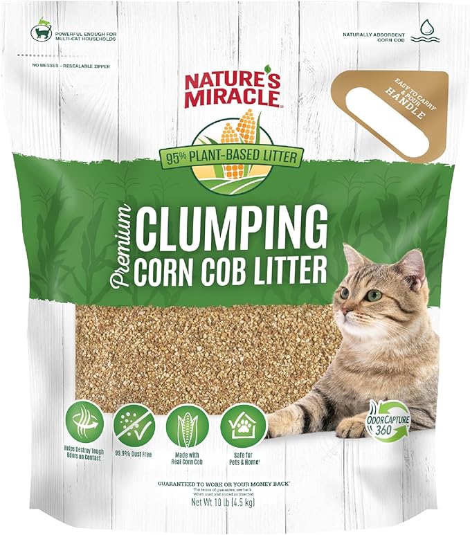 Nature’s Miracle Premium Clumping Corn Cob Litter, 10 Pounds, Made With Real Corn Cob For Fast-Clumping Litter For Multi-Cat Households