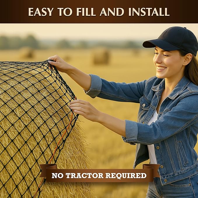 Round Bale Hay Net for Horses 5x5 ft, Knotless Slow Feed Hay Net Feeder with 2” Holes, Fits 4x5 and 5x5 Round Bales, Stackable 2 and 3-String Square Bales, Heavy Duty Livestock Hay Feeder Net