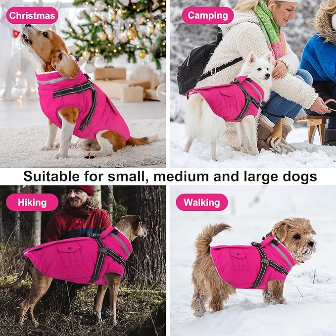 Dogcheer Dog Coat with Harness, Waterproof Dog Jacket Christmas Puppy Winter Coat with Pockets, Reflective Doggy Winter Jacket Soft Pet Fleece Snow Jacket for Small Medium Large Dogs - Pink, 3XL
