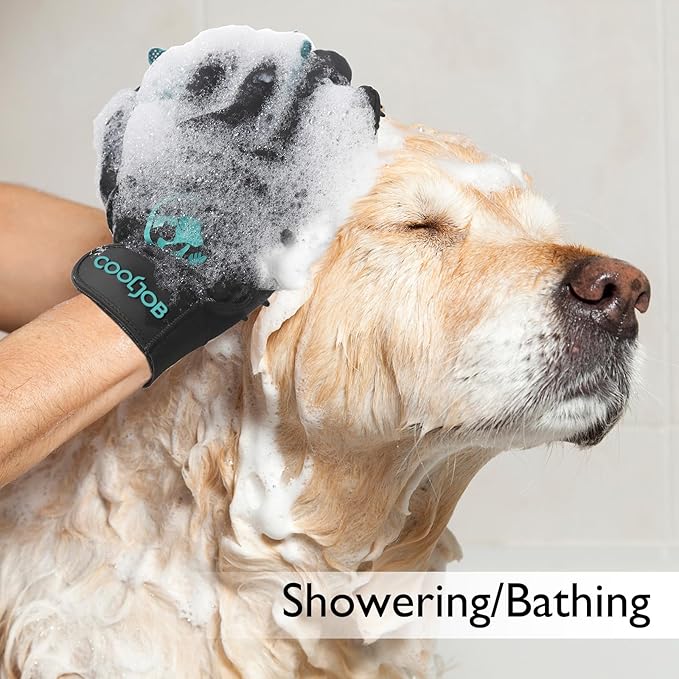 COOLJOB Patented Pet Grooming Gloves with Web, Reusable Washable Cleaning Brush Massage Hair Remover for Short Long Haired Dog Cat Horse Animal, Washing Bathing Shedding Supplies, Large, Blue Black