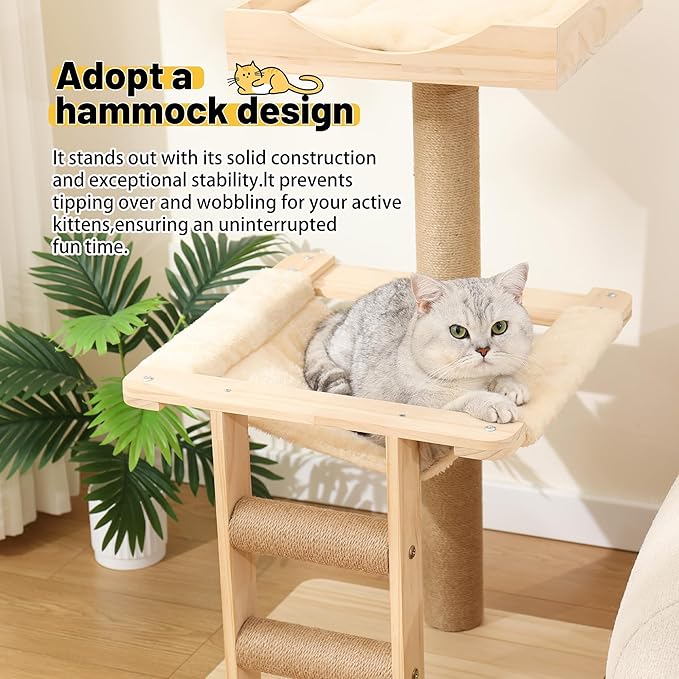 KVIDA Extra-Sturdy Wooden Cat Tree for Large Cats โ Modern 3-Level Tower with Hammock, Anti-Tip Sisal Posts & Oversized Perch, Ideal for Indoor Big Cats & Multi-Cat Homes