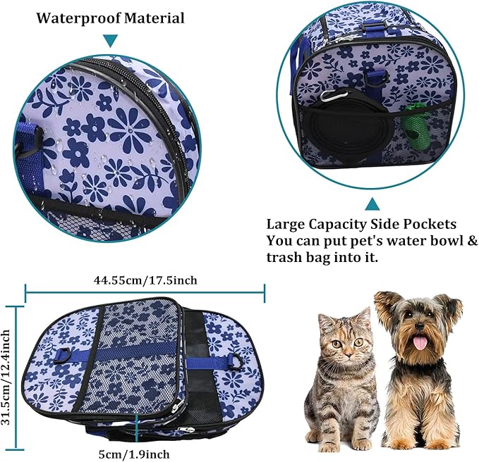 Soft-Sided Kennel Pet Carrier for Small Dogs, Cats, Puppy, Airline Approved Cat Carriers Dog Carrier Collapsible, Travel Handbag & Car Seat (Large: 19" x 11" x 11", Floral Print Blue)