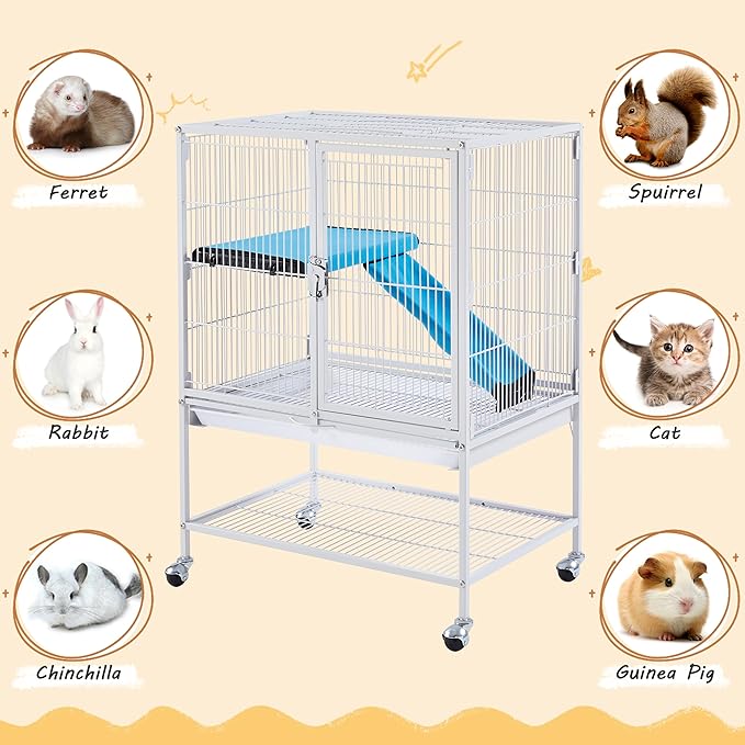 Yaheetech Small Animal Cage, Metal Pet Cage with Removable Tray/Ladder/Wheels, Ferret Cage, Chinchilla Cage, Sugar Glider Cage, White