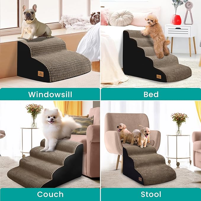 5-Step Dog Stairs for High Beds and Couch, Foam Ramp with Non-Slip Waterproof Fabric Cover, Brown Pet Stairs for Joints