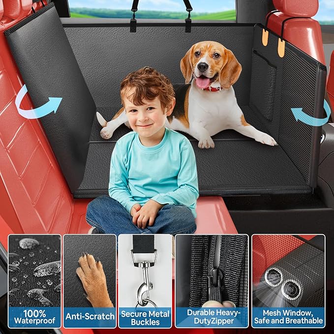 2025 Upgraded Dog Car Seat Cover for Back Seat with Hard Bottom Car Seat Cover for Dogs, Waterproof Pet Seat Protector, Non-Slip Scratch-Resistant Surface, Supports 400lbs, Easy to Clean and Install