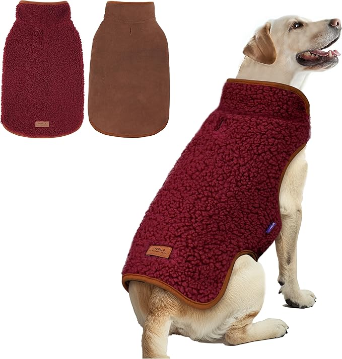 cyeollo Warm Dog Coat Fleece Sherpa Winter Sweater Coats, Turtleneck Reversible Jackets for Small Medium Large Dogs with Leash Hole, Soft Cold Weather Vest, Burgundy, XXL