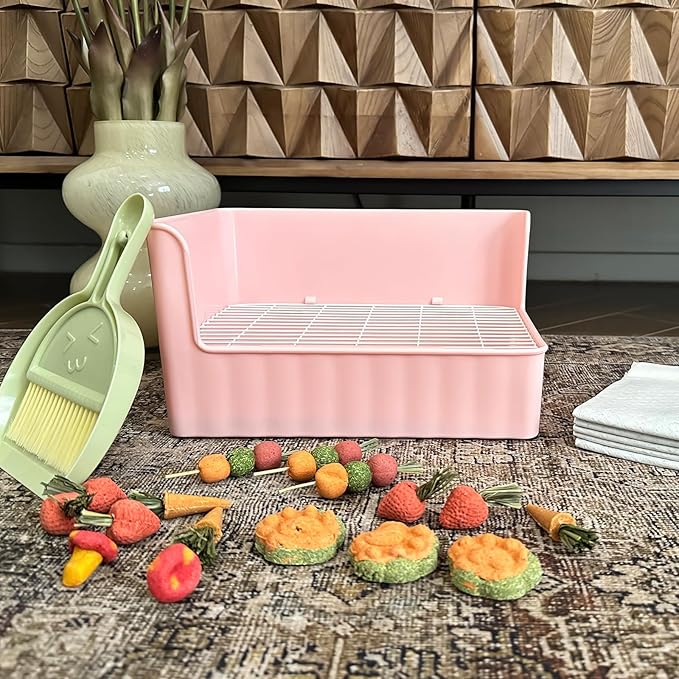 Large Rabbit Litter Box Bunny Potty Training Corner Litter Pan Comes with Liners Rabbit Pee Pads, Small Animal Bedding Toilet for Guinea Pig, Ferret, Hamster, Bunnies (Pink)