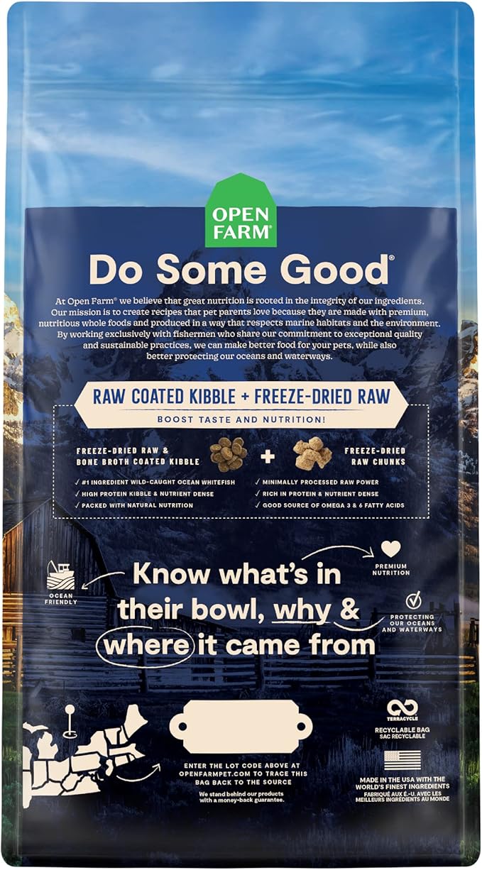 Open Farm, RawMix Dry Cat Food, Protein-Packed Kibble Coated in Bone Broth with Freeze Dried Raw Chunks, for Indoor & Outdoor Cats, Wild-Caught Whitefish, Salmon & Rockfish Recipe, 8lb Bag