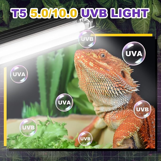 T5 HO UVB Lighting Combo Kit, 39W Reptile Light Fixture with Fluorescent Light Bulbs, Desert 10.0 UVB Light for Reptiles and Amphibians, Basking Light for Bearded Dragon, High Output Natural Light
