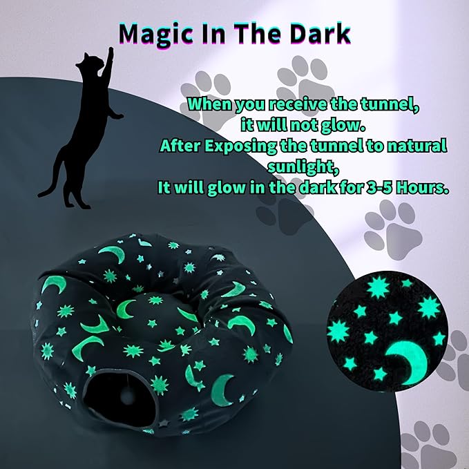 Cat Tunnel Bed for Indoor Cats with Washable Cushion Cat Cave Donut Tunnel with Fluffy Ball Big Round Tube Pet Playground Toys Soft Plush Peekaboo for Kitten, Cat, Puppy, Rabbit, Ferret(Moon Star)