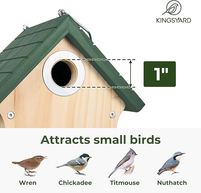 Kingsyard Wooden Bird House with Predator Guard, Wren Bird Nesting for Outdoor, Garden Patio Nest Box for Wild Bird Watching, Green