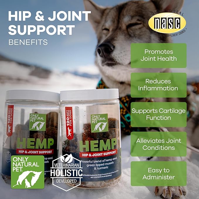Only Natural Pet Hemp Hip & Joint Support for Dogs - Supplement for Mobility Wellness Pain Relief Healthy Inflammatory & Bone Stiffness - Chews w/Fatty Acid Blend Mussels & Turmeric - 120 Count (H/J)