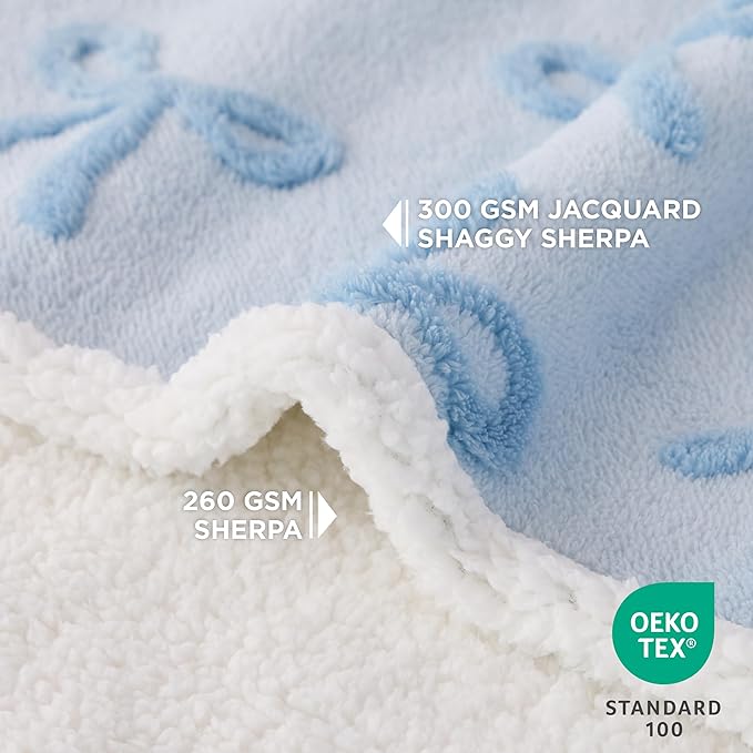 Lesure Waterproof Puppy Blanket for Small Dogs - Washable Double Sided Dog Blankets with Warm Jacquard Shag and Soft Sherpa Fleece, Pet Cat Blanket for Couch Protection, Bow Design,Ice Blue