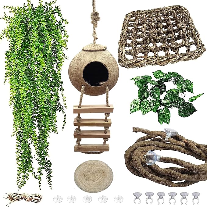 Grested Gecko Coconut Hut with Ladder,Leopard Gecko Coconut Hide Lizards Hanging Coco Den Cave Reptile Hammock Reptiles Tank Accessories Climbing Hanging Plants Jungle Vine Flexible Leaves Decor