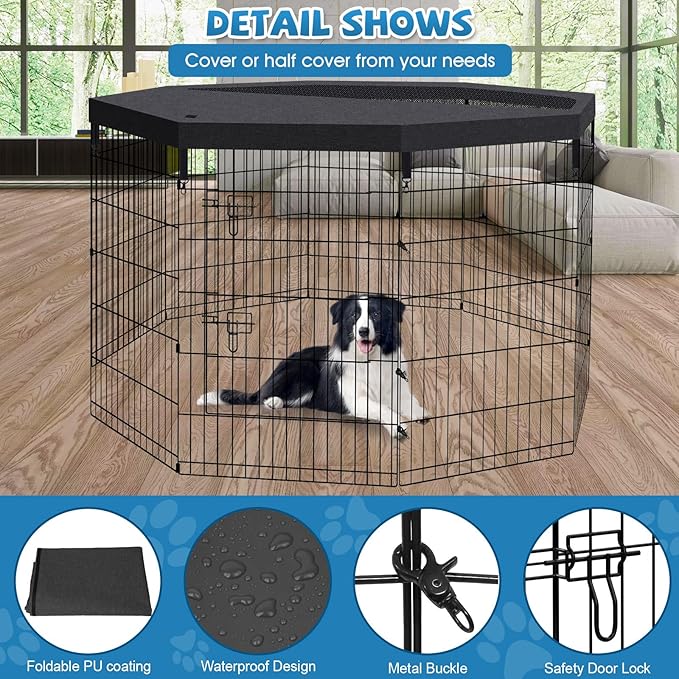 Peekaboo Pet Playpen Dog Fence Foldable Metal Dog Pen Wire Exercise Puppy Play Yard Pet Enclosure Indoor Outdoor 8 Panels 36 Inch with Bottom Pad/Top Cover(Black 36 top Cover)