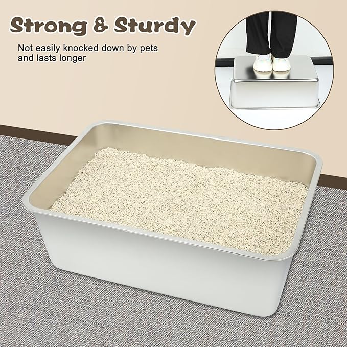 Rypet 2Packs Stainless Steel Litter Box Metal Litter Box for Cats High Back Litter Boxes Non-Stick Cat Poop Box๏ผEasy to Clean(23.6"*15.8"*7.9")