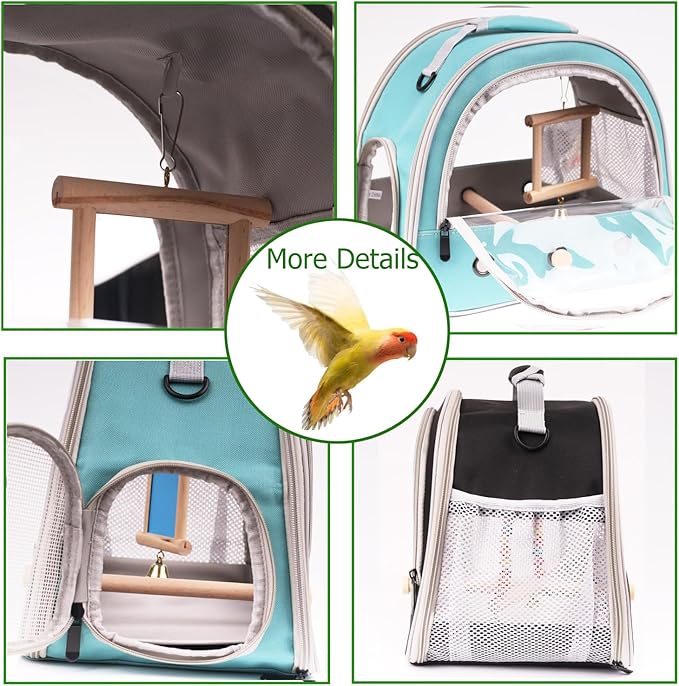 Portable Parrot Travel Cage Carrier with Small Swing Toy&Cage Colorful Toys Set Small Bird Parakeet Bag with Standing Perch Bird Carry Transport Bag (Green, Carrier/Mirror)