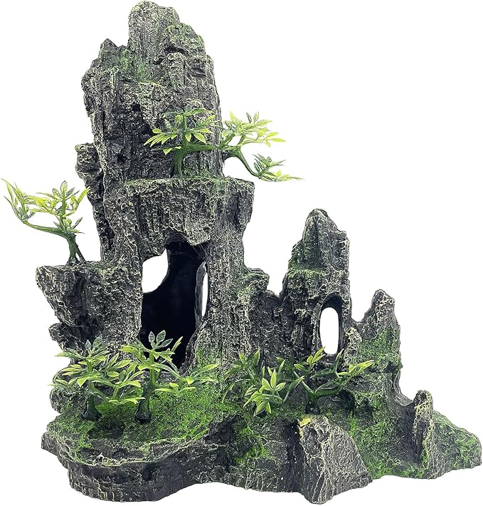 Aquarium Decorations Large and Tall Large Aquarium Decorations for Fish Tank Decorations Fish Tank Ornaments Mountain View Stone Ornament Tree Rock Cave Artificial Fish Tank Ornament, Black