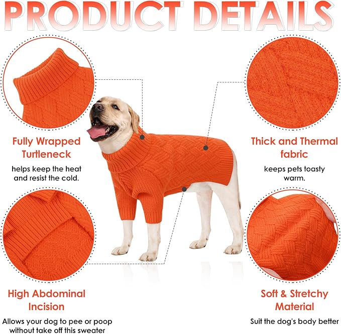 AOFITEE Small Dog Sweater, Dog Sweaters for Small Dogs Male, Thick Dogs Winter Sweatshirt Girl Boy, Pet Halloween Sweater, Classic Cable Turtleneck Holiday Knitwear for Pug Dachshund (Orange, S)
