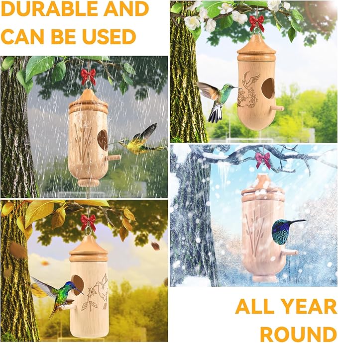 Hummingbird House, Solid Wood Hummingbird Houses for Outside-Exquisitely Handcrafted Birdhouse with Ribbon and String Hanging Kit, Durable Garden Decor, Perfect Gardening Gift(Style-EFG, 3 Pack)