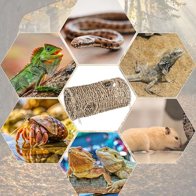 Reptile Hide Cave Hollow Cave Hideout with 2 Pcs Suction Cup and Chains Gecko Hide Reptile Tank Decor Seagrass Fiber Climbing Toys for Lizard Snakes Hermit Crabs(Long Cylindrical)