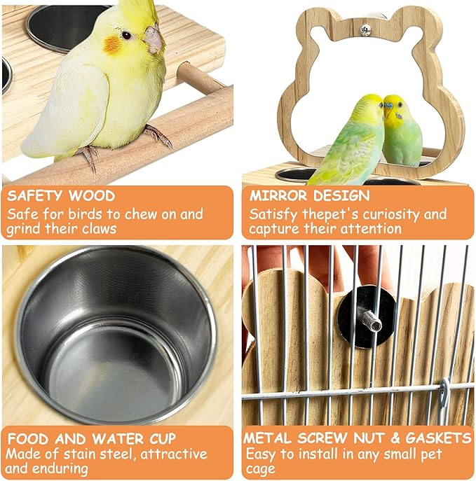 Tfwadmx Bird Parrot Wooden Feeding Cups with Wooden Platform Stainless Steel Birds Bowls Food Water Bowls with Bird Food Holder for Cockatiel Parakeet Macaw Finches Lovebirds