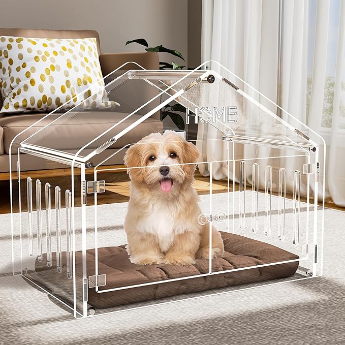 Acrylic Dog House Indoor.Clear Dog Crate for Small Dogs, Modern Indoor Dog Kennel for Most Small Dog Cat Pet (Clear, 15.7 * 21.5 * 27 inch)