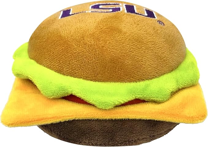 NCAA LSU Tigers Cheeseburger Plush Dog & CAT Squeak Toy- Cutest Stadium Hamburger Snack Plush Toy for Dogs & Cats with Inner Squeaker & Beautiful Football/Basketball Team Name/Logo