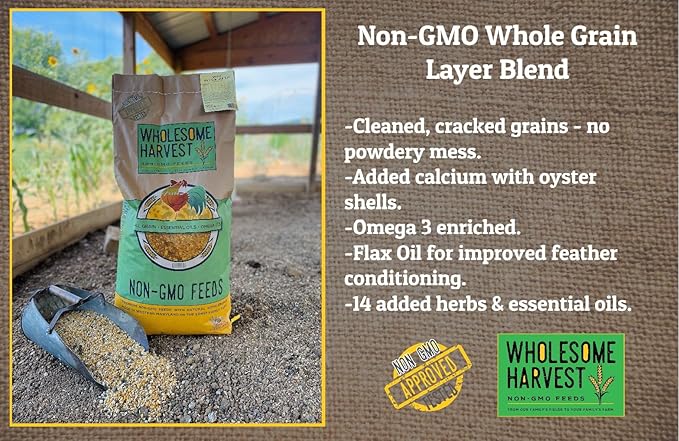 Non-GMO Whole Grain Layer Blend 16% - Chicken Feed for Laying Hens and Ducks - Includes Essential Oils, Herbs, Oyster Shells, Vital Minerals, and Omega 3, 10lb