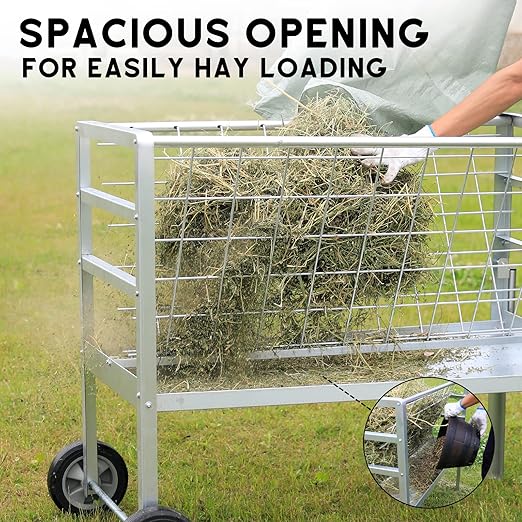 Solution4Patio Hay Feeder with Wheels, 2-in-1 Galvanized Steel Heavy-Duty Goat Feeder Cart, Large Capacity Rust-Proof Livestock Feeder for Sheep, Horses, Ponies, Easy to Clean