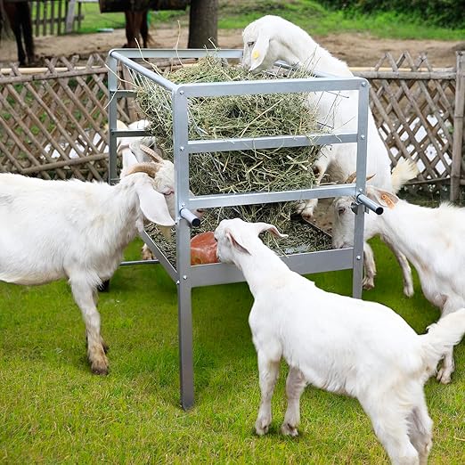 Solution4Patio Hay Feeder with Wheels, 2-in-1 Galvanized Steel Heavy-Duty Goat Feeder Cart, Large Capacity Rust-Proof Livestock Feeder for Sheep, Horses, Ponies, Easy to Clean