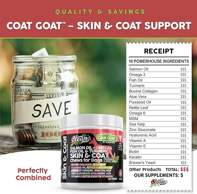 Salmon Oil Omega 3 Fish Oil for Dogs Skin and Coat Supplement | Dog Collagen Aloe Vera Biotin Keratin Flaxseed Nettle Leaf Sea Kelp Hyaluronic Acid Brewers Yeast Vitamin A - Coat Goat