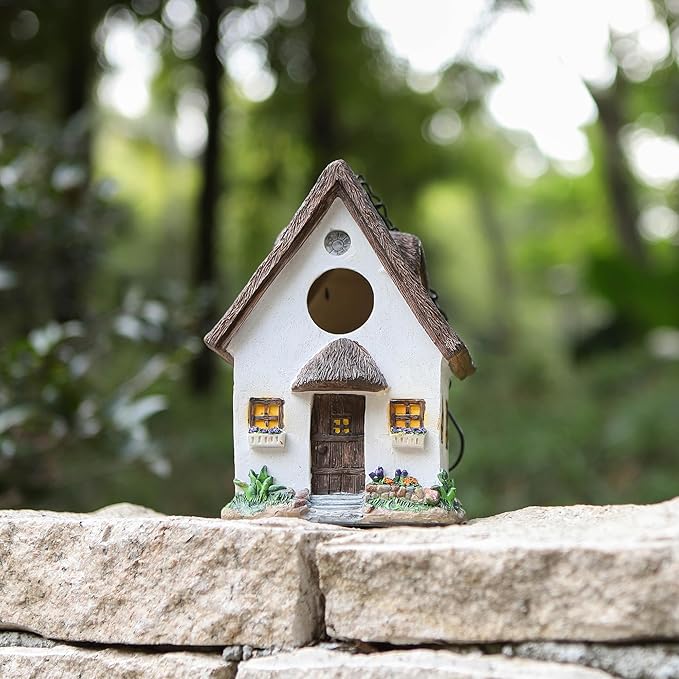 White Resin Cottage Bird House Brown Roof, 1.5" Entry Hole for Small Birds Wrens Sparrows, Rustic Cottage Style Nesting Box, Weatherproof Backyard Garden Decoration