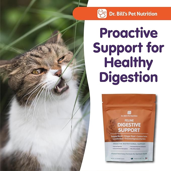 Dr. Bill's Feline Digestive Support Cat Prebiotics and Probiotics with Ginger Root, Psyllium Husk, Lemon Balm & More | 41 Active Ingredients for Better Digestion & Gut Health | Made in The USA