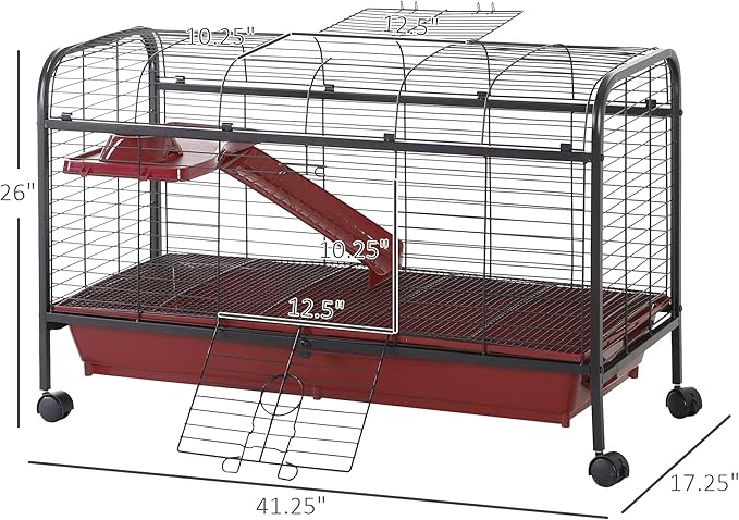 PawHut 41" L Small Animal Cage Rabbit Hutch Ferret Pet Play House with Feeder, Rolling Wheels, Platform, Ramp
