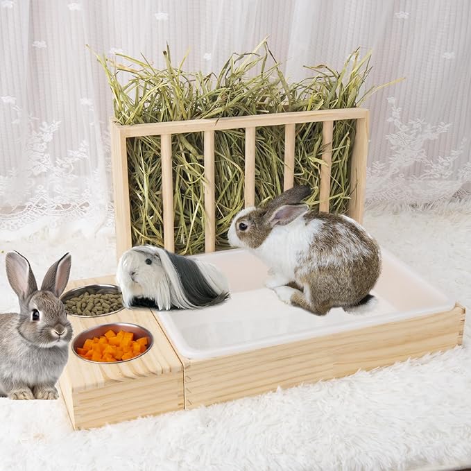 3 in 1 Rabbit Hay Feeder with Litter Box,Wooden Hay Feeder with 2 Bowls & Litter Box for Guinea Pig Chinchilla Bunny Other Small Animals,Large Capacity & Preventing Waste