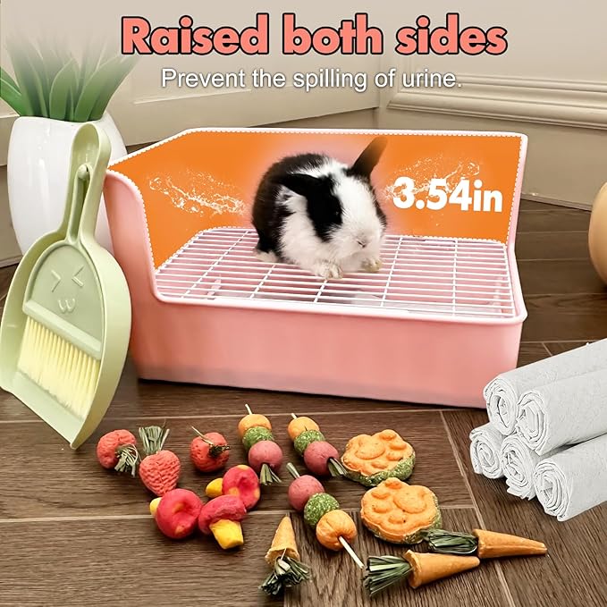 Large Rabbit Litter Box Bunny Potty Training Corner Litter Pan Comes with Liners Rabbit Pee Pads, Small Animal Bedding Toilet for Guinea Pig, Ferret, Hamster, Bunnies (Pink)