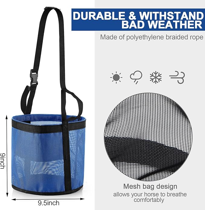 2 Pcs Horse Feed Bags for Grain Mesh Grain Feeder Bucket with Adjustable Strap and Waterproof Bottom for Feeding Fodder Powder Supplements(Black and Blue)