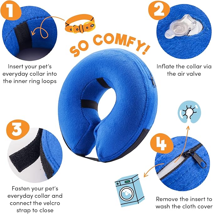 BENCMATE Inflatable Dog Cone Collar Alternative, Soft Dog Cone for Small Medium Large Dogs and Cats, Neck Recovery ECollar Donut Collar After Surgery (Medium+, Donut-Blue)