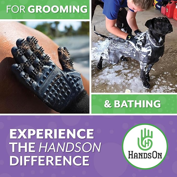 HandsOn Pet Grooming Gloves - #1 Ranked, Award Winning Shedding, Bathing, & Hair Remover Gloves for Cats, Dogs, and Horses (Green / Black, Medium)