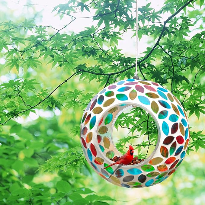 Yinns Bird Feeder - Hanging Mosaic Glass Birdfeeder, Fly Through Bird Feeders with Oval Stained Glass, Outdoor Garden Decor, 6.5 inch