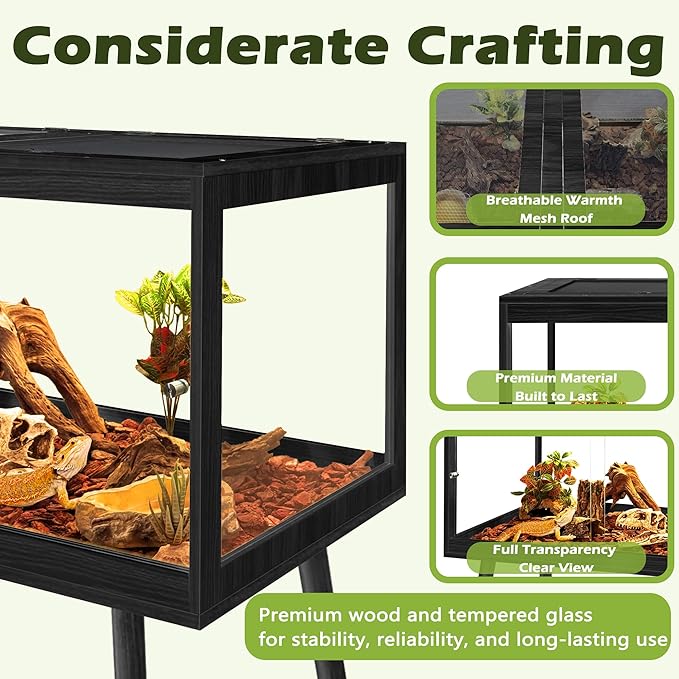 PROLEE Bearded Dragon Tank with Leg,Tempered Glass Lizard Tanks and Reptile Enclosure,Up to 78 Gallon Reptile Tank with Metal Mesh and Lockable Door for Snakes,Chameleon (Black, 60Gallons,40inch)