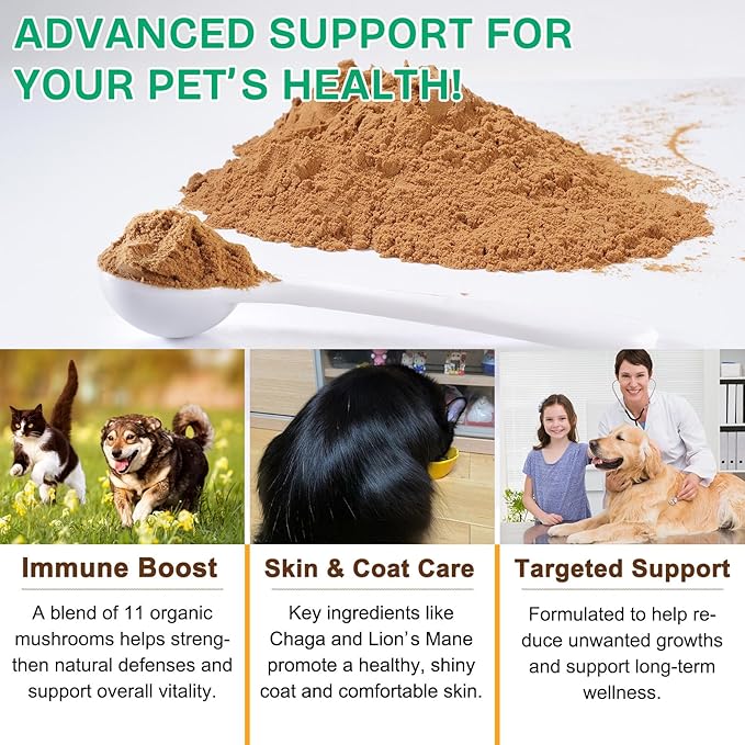 Mushroom Supplement Powder for Dogs & Cats, 11 Beneficial Mushroom Complex for Immune Support, Cellular Protection, Heart & Brain Health Lion's Mane, Reishi & Turkey Tail, Bacon Flavor - 120g