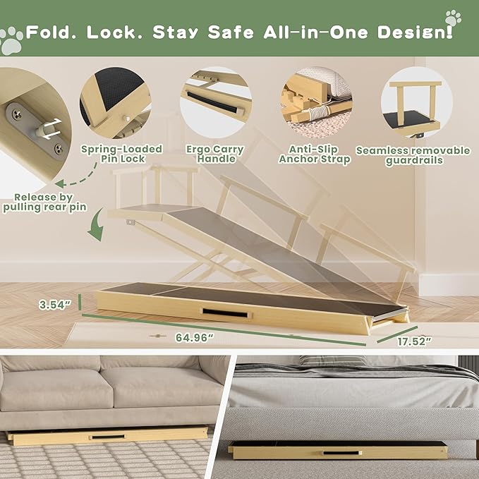 6 Level Height Adjustable Dog Ramp for Bed, Couch 65" Foldable Pet Ramp with Non-Slip Mat,DIY Glow Strips & Rest Platform Heavy Duty Dog Stairs for Large Dogs up to 200Lbs ,Wood Color