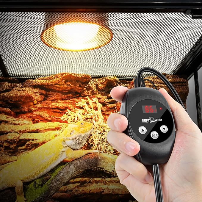 REPTI ZOO Reptile Light Fixture Dimming Thermostat Combo Pack, 5.5 Inch Deep Dome Lamp Fixture Max 100W, PID Reptile Thermostat Temperature Controller for Reptile Heat Lamp Bulb