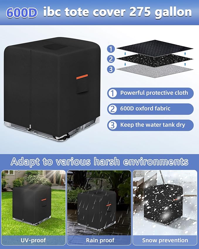 IBC Tote Cover,Zipper IBC Tote Cover,Fit 275 Gallon Water Tank,600D Heavy Duty Waterproof and Sunscreen Material,black