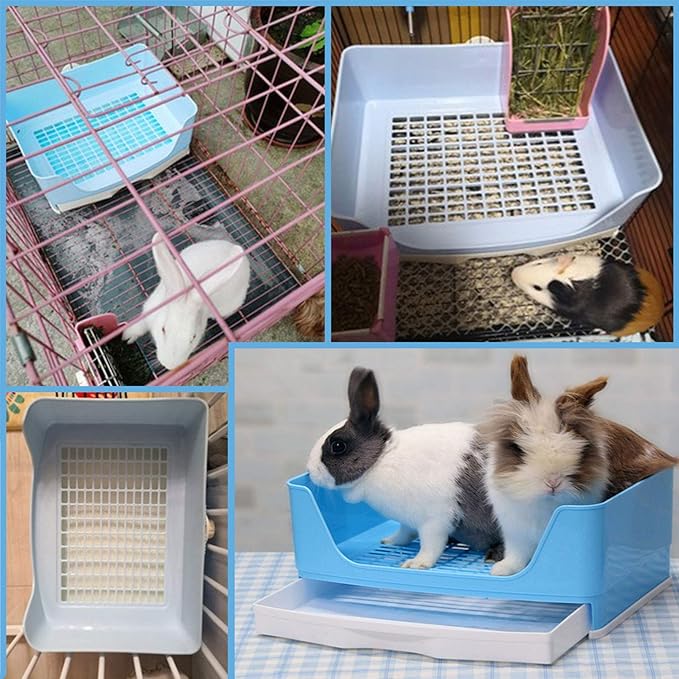 PINVNBY Large Rabbit Litter Box Corner Toilet Box Bigger Pan Pet Potty Trainer with Drawer for Adult Bunny Guinea Pig Chinchilla Ferret Galesaur Hedgehog Small Animals(Blue)