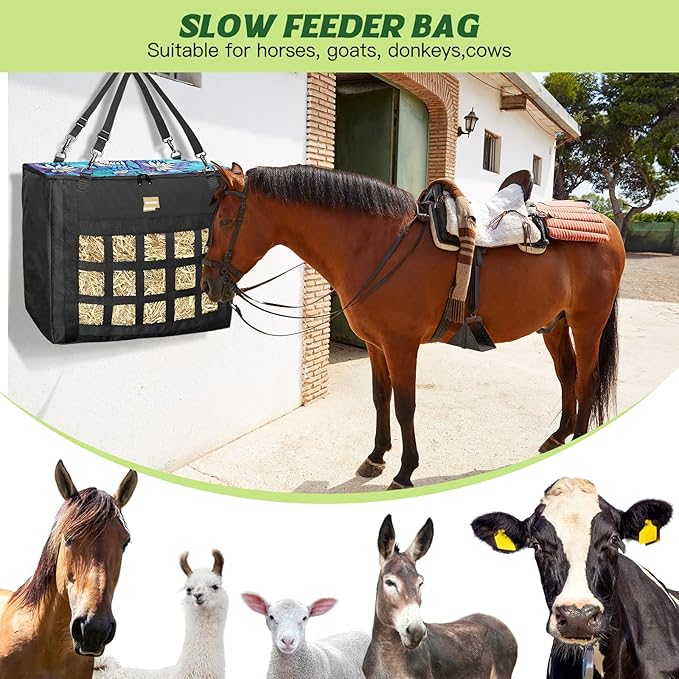 New Version Hay Bags for Horses,Slow Hay Feeder Bags for Goats,Sheep,Super Tough Oxford with Front Hay Nets Design, Double Reinforced Webbing Upgraded Metal Clips for Durable (Leaf)