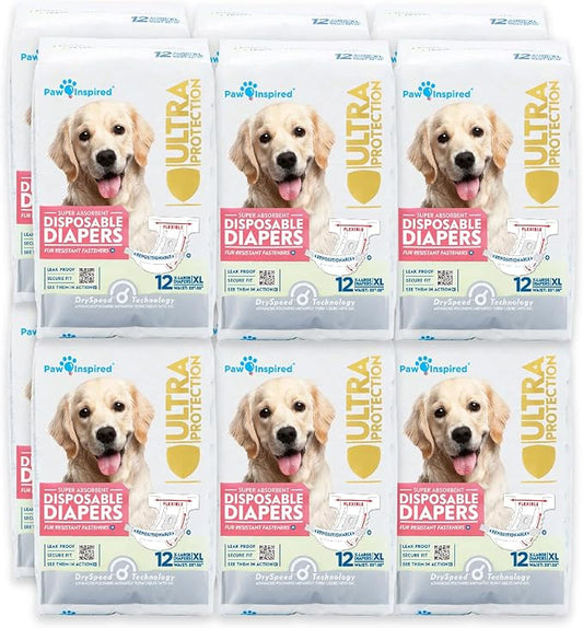 Paw Inspired Disposable Dog Diapers | Female Dog Diapers Ultra Protection | Diapers for Dogs in Heat, Excitable Urination, or Incontinence (12&144 Count) (X-Large (144 Count))
